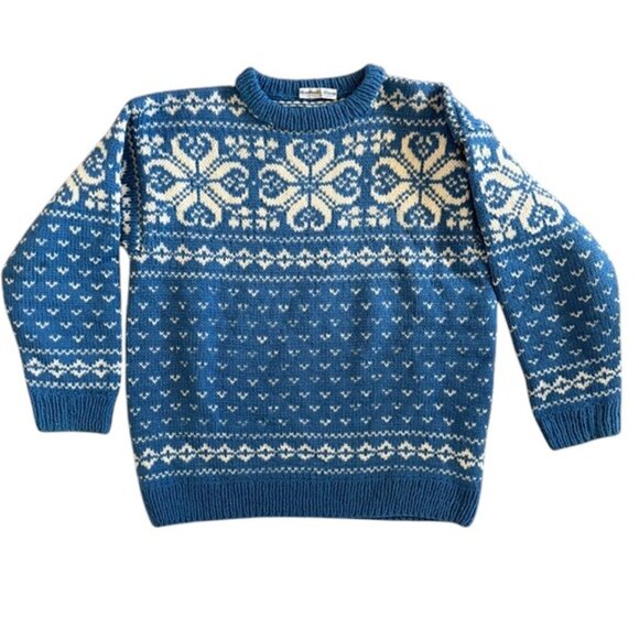 Vintage NORWEGIAN Wool Pullover Blue White Sweater XL - Picture 1 of 11